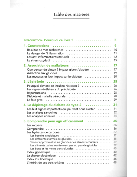 Livre Vaincre son diabète de type 2 par Jacques Staehle, extrait table des matières 1